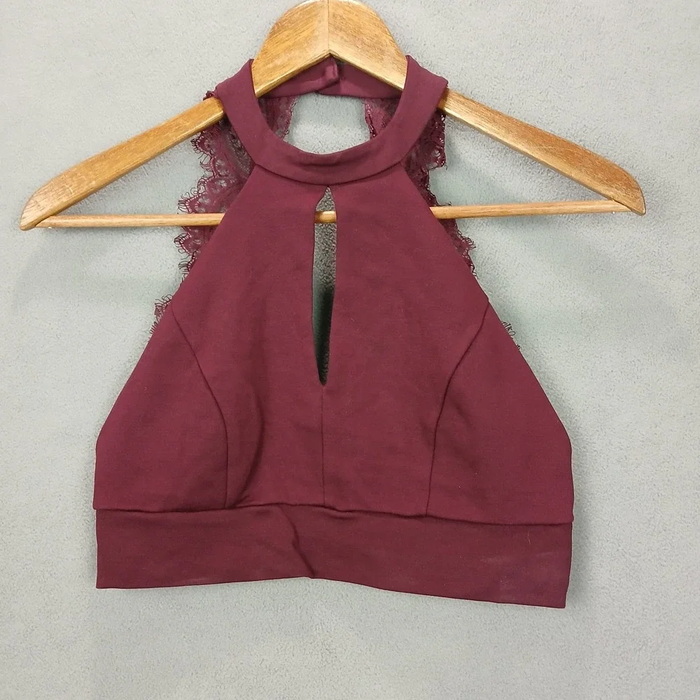 Lulus‎ Crop Top Womens Medium Burgundy Front Keyhole Intricate Lace Halter Neck